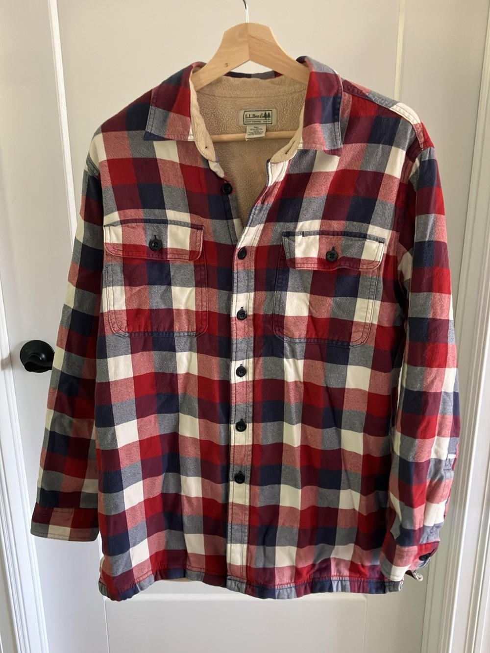 L.L. Bean Men's Red Navy White Plaid Button-Down Shirt Jacket